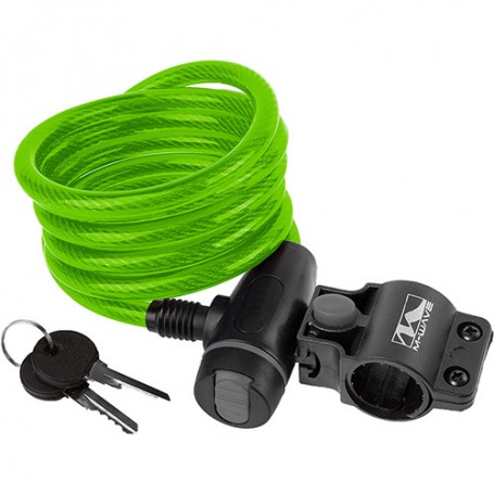 Bike Spiral Cable Lock green 180 cm,Ø 10 mm clip on bracket
